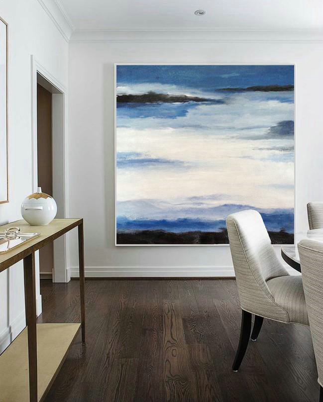 Handmade Large Contemporary Art,Oversized Abstract Landscape Painting,Modern Wall Art,Black,Blue,White.etc